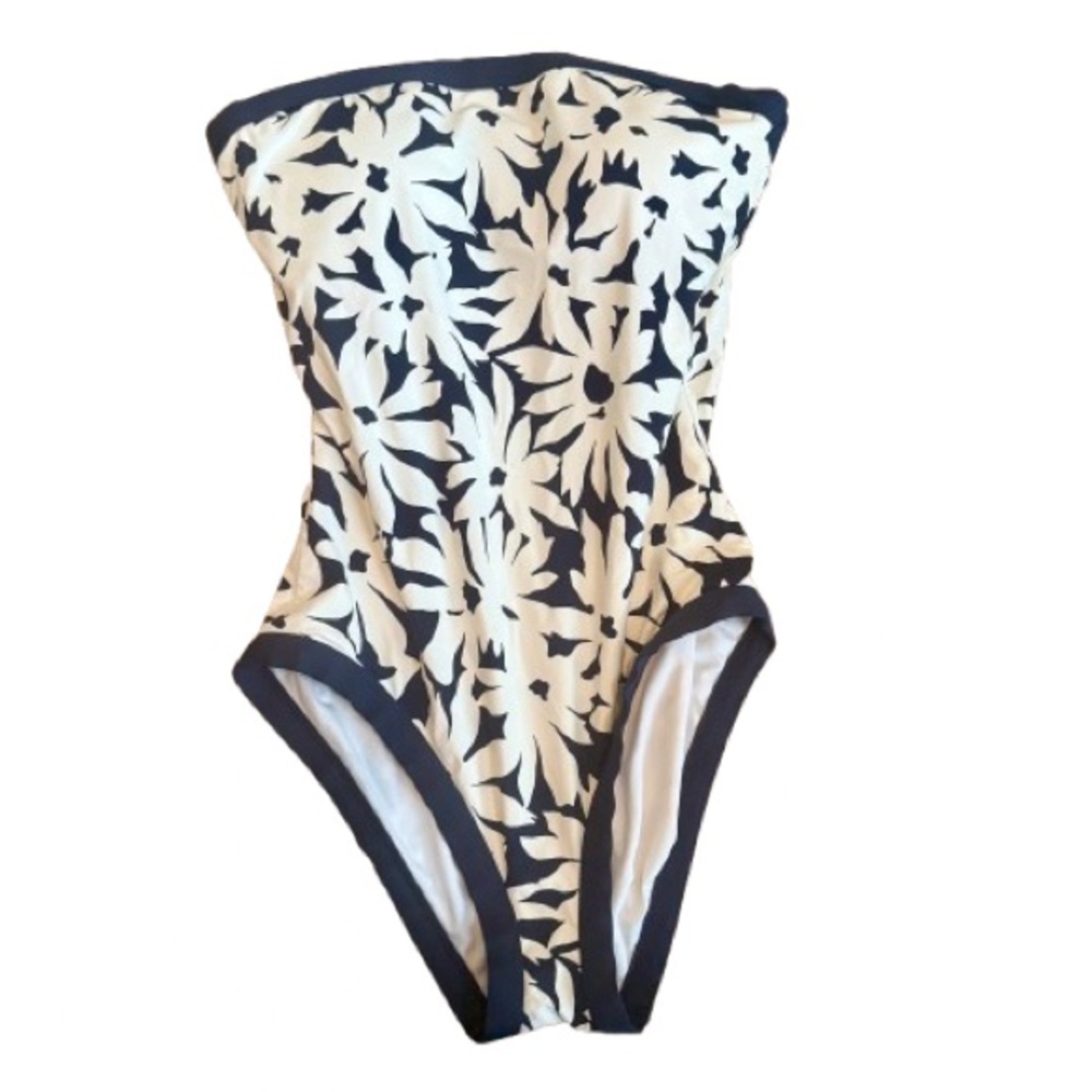 Anne Cole Signature One Piece Strapless Swimsuit Navy Blue and White Floral Sz 8